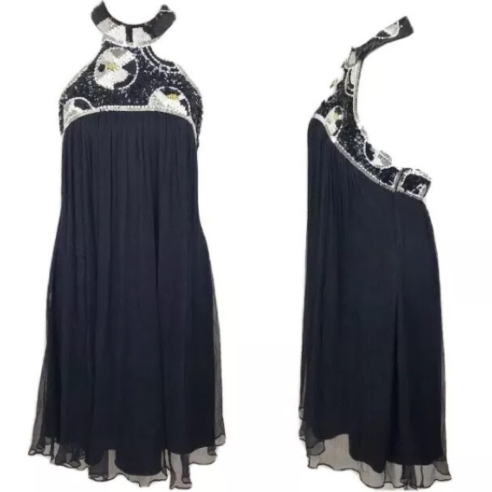 NINA AUSTIN Black Silk Sequin Top Halter Dress-M